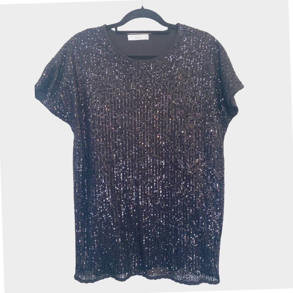 Talulah Black Sequin Short Sleeve Top Crew Neck Blouse Small